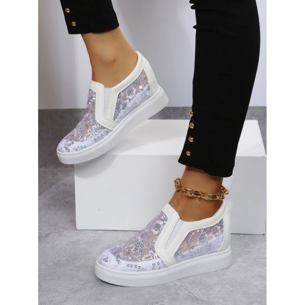 Sequins Floral Embroidered Lace Paneled Slip-On Wedge Shoes - Image 11
