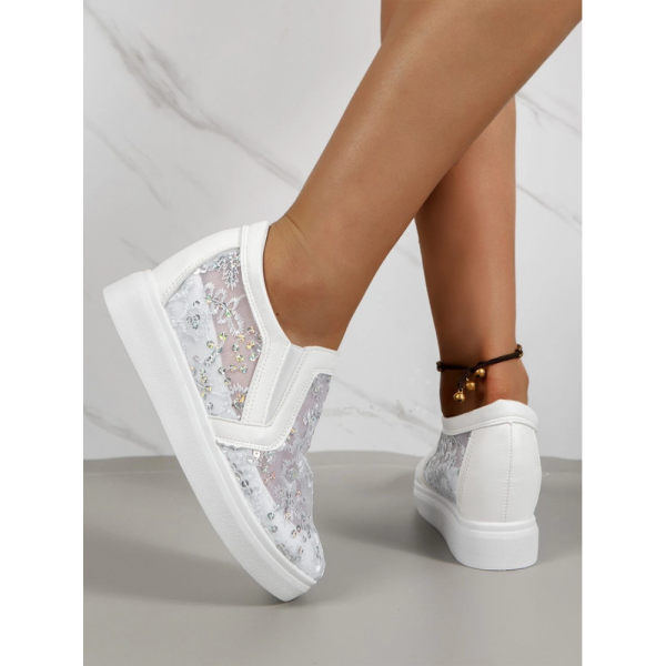 Sequins Floral Embroidered Lace Paneled Slip-On Wedge Shoes - Image 15