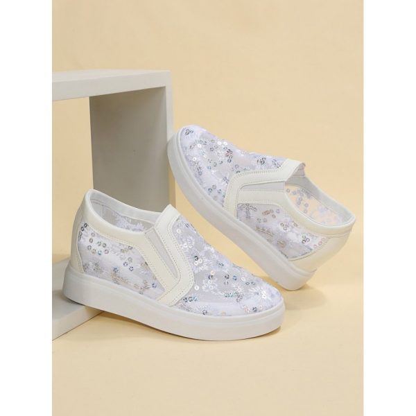 Sequins Floral Embroidered Lace Paneled Slip-On Wedge Shoes - Image 16