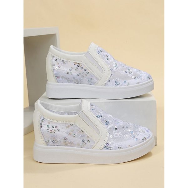 Sequins Floral Embroidered Lace Paneled Slip-On Wedge Shoes - Image 17