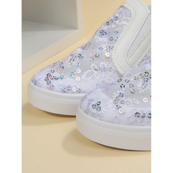 Sequins Floral Embroidered Lace Paneled Slip-On Wedge Shoes - Image 19