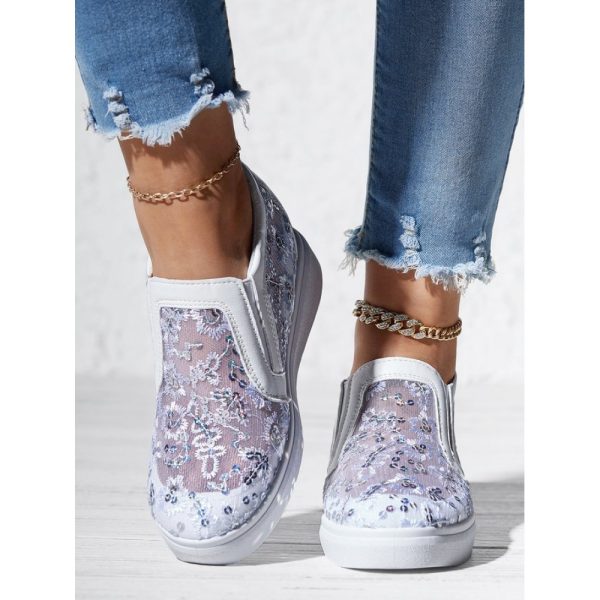Sequins Floral Embroidered Lace Paneled Slip-On Wedge Shoes - Image 3