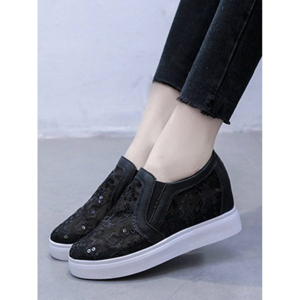 Sequins Floral Embroidered Lace Paneled Slip-On Wedge Shoes - Image 24