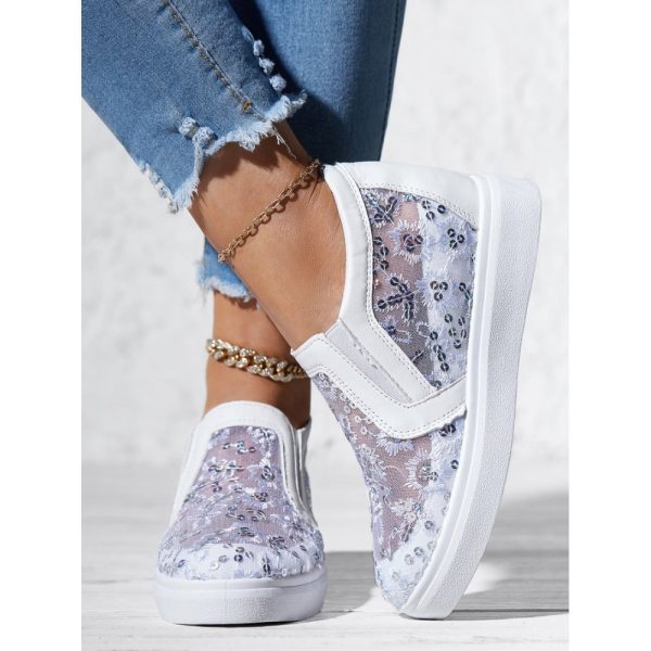 Sequins Floral Embroidered Lace Paneled Slip-On Wedge Shoes - Image 4