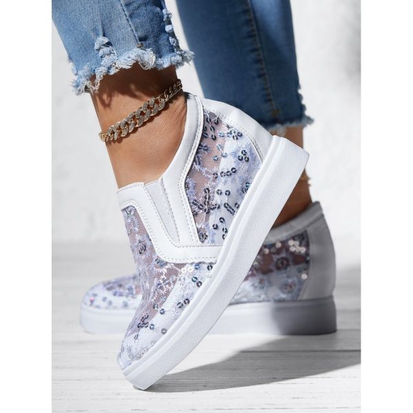 Sequins Floral Embroidered Lace Paneled Slip-On Wedge Shoes - Image 5