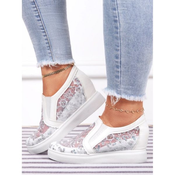 Sequins Floral Embroidered Lace Paneled Slip-On Wedge Shoes - Image 6