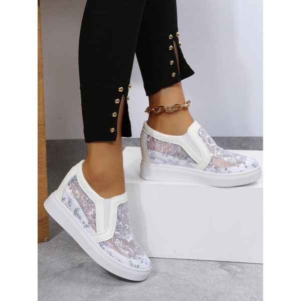 Sequins Floral Embroidered Lace Paneled Slip-On Wedge Shoes - Image 10
