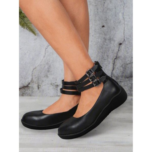 Vintage Black Buckle Decor Comfy Sole Shallow Shoes wtith Back Zip - Image 11