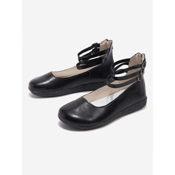 Vintage Black Buckle Decor Comfy Sole Shallow Shoes wtith Back Zip - Image 5