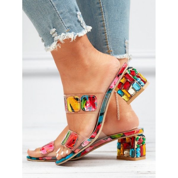 Colorful PVC Double Straps Rhinestone Chunky Heeled Sandals - Image 2