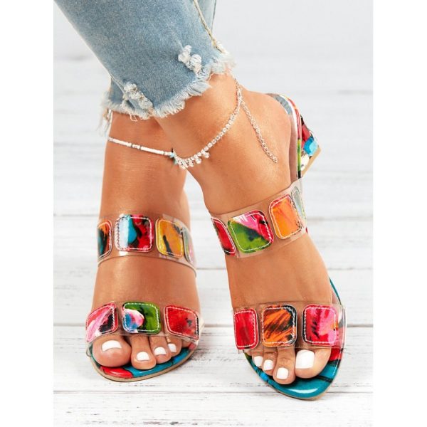 Colorful PVC Double Straps Rhinestone Chunky Heeled Sandals - Image 4