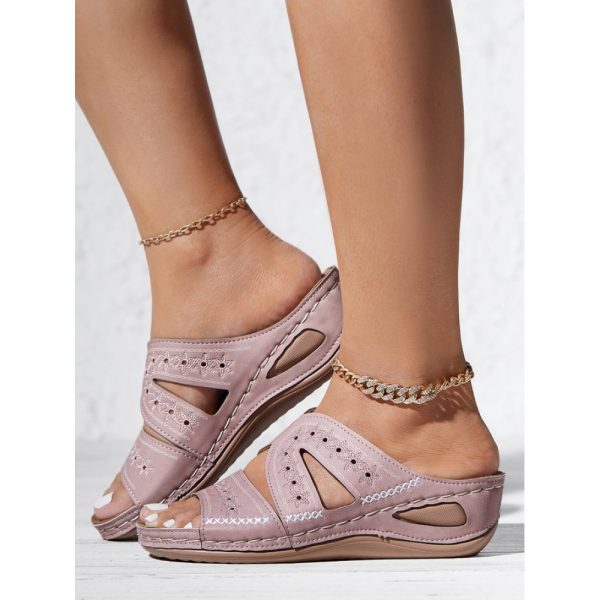 Floral Embroidered Cutout Boho Casual Wedge Slides - Image 14