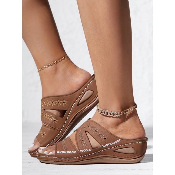 Floral Embroidered Cutout Boho Casual Wedge Slides - Image 23
