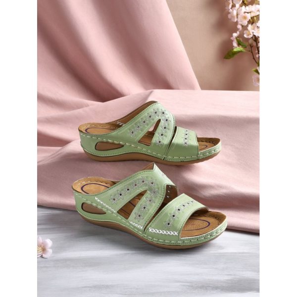 Floral Embroidered Cutout Boho Casual Wedge Slides - Image 32