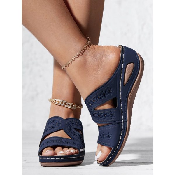 Floral Embroidered Cutout Boho Casual Wedge Slides - Image 34