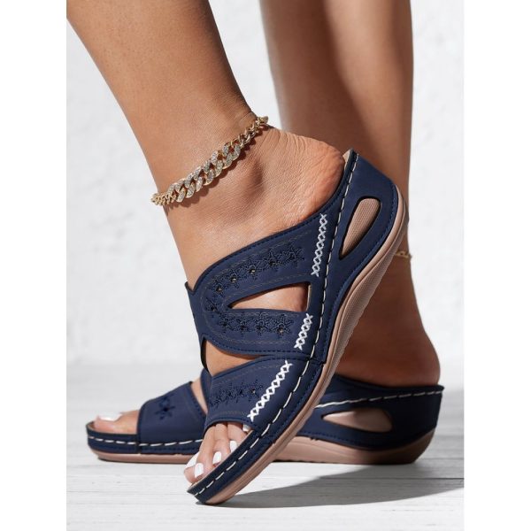 Floral Embroidered Cutout Boho Casual Wedge Slides - Image 35