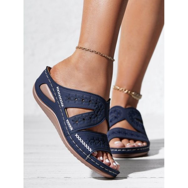 Floral Embroidered Cutout Boho Casual Wedge Slides - Image 36
