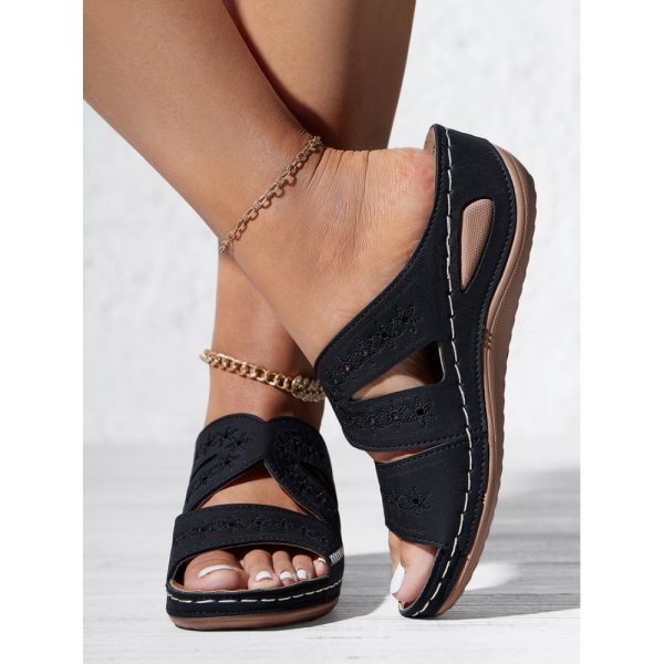 Floral Embroidered Cutout Boho Casual Wedge Slides - Image 43