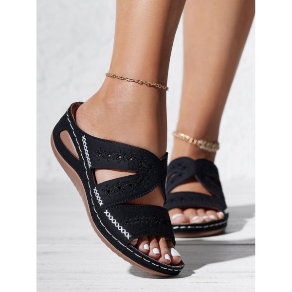 Floral Embroidered Cutout Boho Casual Wedge Slides - Image 45