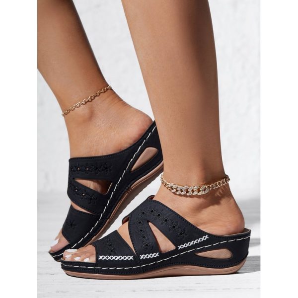 Floral Embroidered Cutout Boho Casual Wedge Slides - Image 46