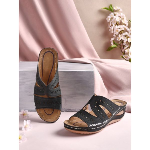 Floral Embroidered Cutout Boho Casual Wedge Slides - Image 47