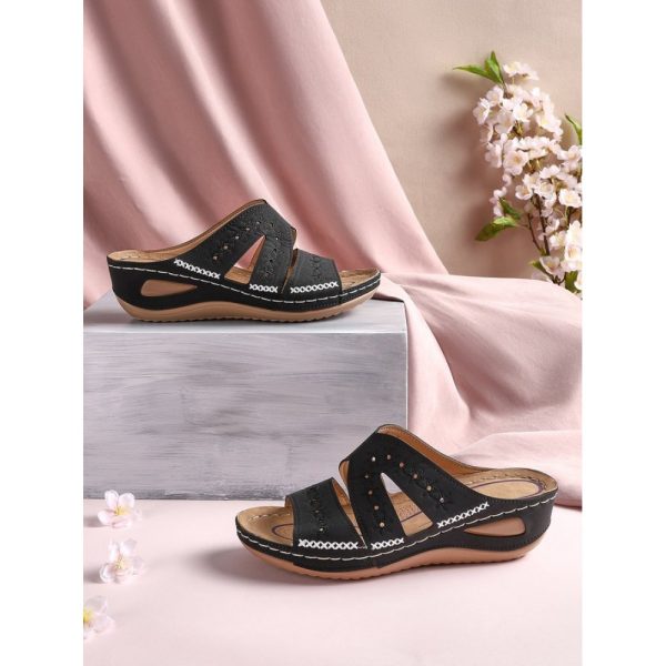 Floral Embroidered Cutout Boho Casual Wedge Slides - Image 48