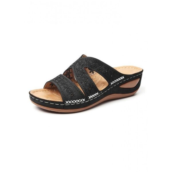 Floral Embroidered Cutout Boho Casual Wedge Slides - Image 51