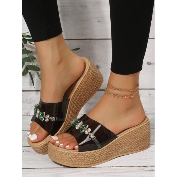 Waterproof Transparent PVC Rhinestone Decoration Holiday Faux Woven Wedge Sandals - Image 10