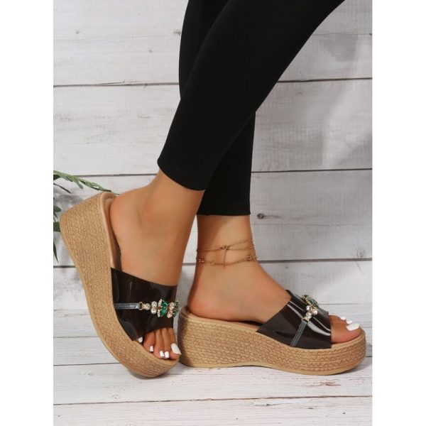 Waterproof Transparent PVC Rhinestone Decoration Holiday Faux Woven Wedge Sandals - Image 11