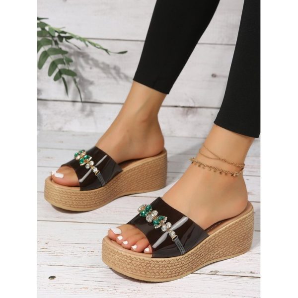 Waterproof Transparent PVC Rhinestone Decoration Holiday Faux Woven Wedge Sandals - Image 12