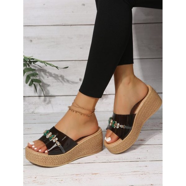 Waterproof Transparent PVC Rhinestone Decoration Holiday Faux Woven Wedge Sandals - Image 13
