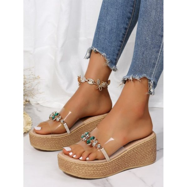 Waterproof Transparent PVC Rhinestone Decoration Holiday Faux Woven Wedge Sandals - Image 18