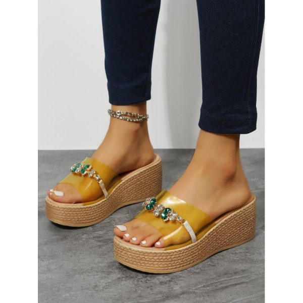 Waterproof Transparent PVC Rhinestone Decoration Holiday Faux Woven Wedge Sandals - Image 5