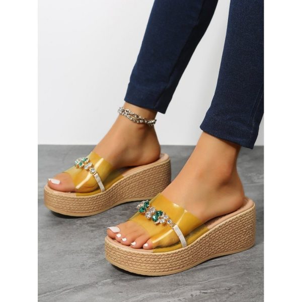 Waterproof Transparent PVC Rhinestone Decoration Holiday Faux Woven Wedge Sandals - Image 6