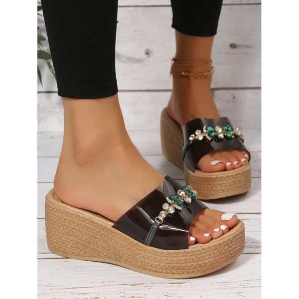 Waterproof Transparent PVC Rhinestone Decoration Holiday Faux Woven Wedge Sandals - Image 8