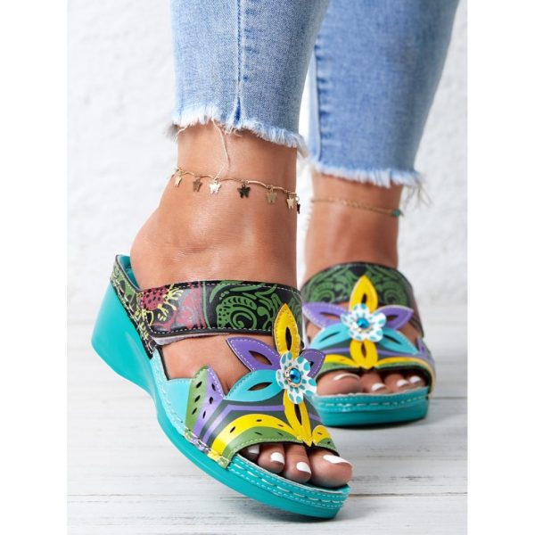 Retro Color Contrast Ethnic Style Flower Hollow Wedge Sandals - Image 2