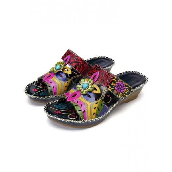 Retro Color Contrast Ethnic Style Flower Hollow Wedge Sandals - Image 13