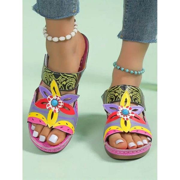 Retro Color Contrast Ethnic Style Flower Hollow Wedge Sandals - Image 14