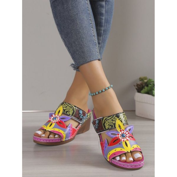 Retro Color Contrast Ethnic Style Flower Hollow Wedge Sandals - Image 15