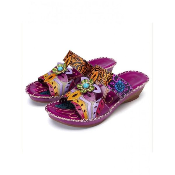 Retro Color Contrast Ethnic Style Flower Hollow Wedge Sandals - Image 16