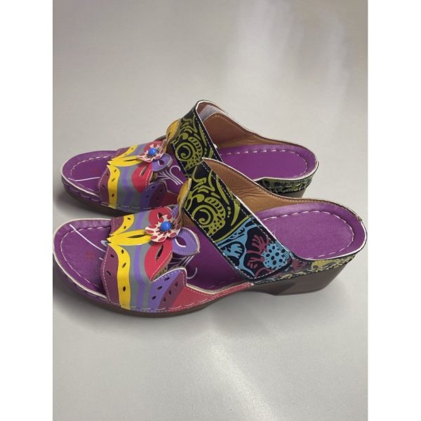 Retro Color Contrast Ethnic Style Flower Hollow Wedge Sandals - Image 17