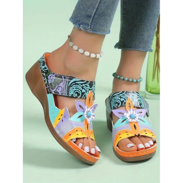 Retro Color Contrast Ethnic Style Flower Hollow Wedge Sandals - Image 18