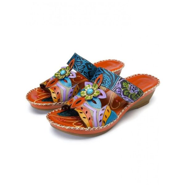 Retro Color Contrast Ethnic Style Flower Hollow Wedge Sandals - Image 20