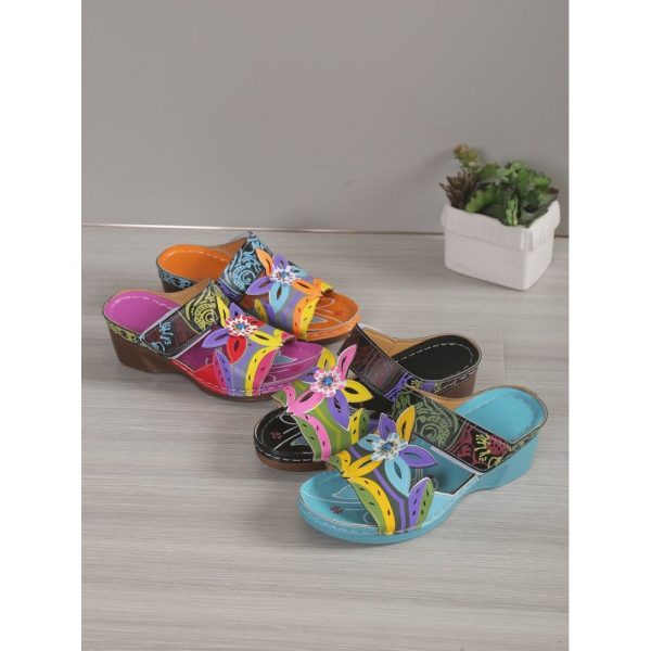 Retro Color Contrast Ethnic Style Flower Hollow Wedge Sandals - Image 22
