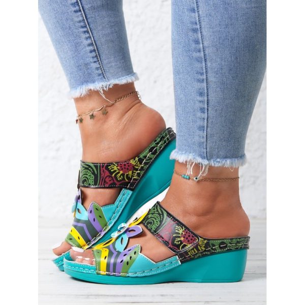 Retro Color Contrast Ethnic Style Flower Hollow Wedge Sandals - Image 5