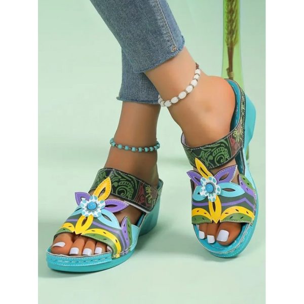 Retro Color Contrast Ethnic Style Flower Hollow Wedge Sandals - Image 6