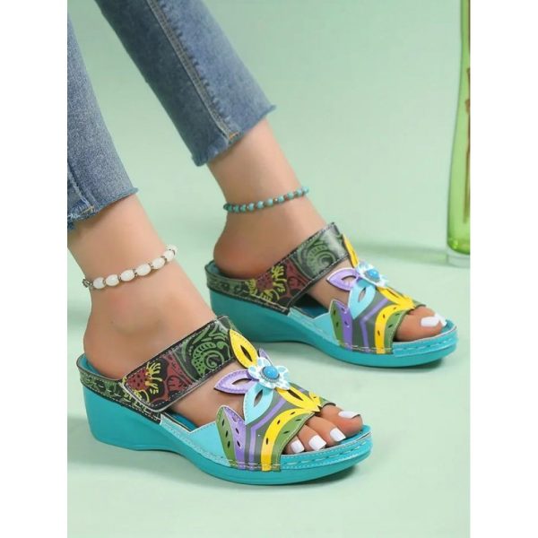 Retro Color Contrast Ethnic Style Flower Hollow Wedge Sandals - Image 7