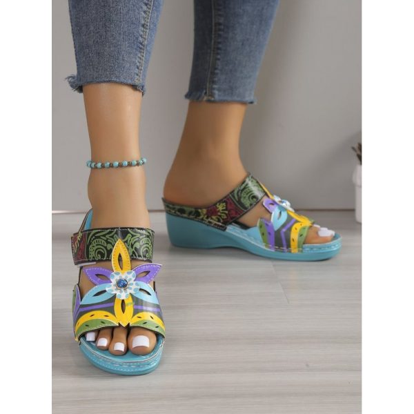 Retro Color Contrast Ethnic Style Flower Hollow Wedge Sandals - Image 8