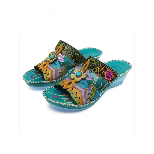 Retro Color Contrast Ethnic Style Flower Hollow Wedge Sandals - Image 9