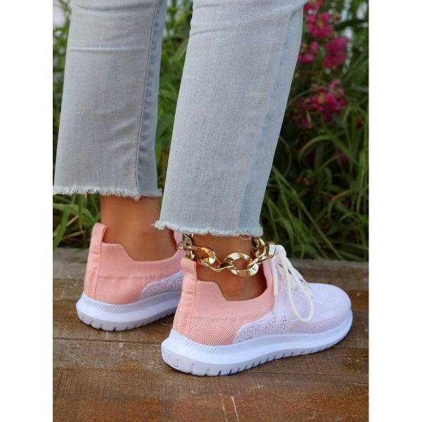 Sports Color Block Breathable Lace-Up Flat Heel Fly Woven Shoes - Image 3